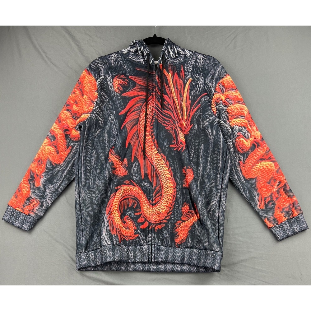 Dragon Print Hoodie Mens XL Full Zip Graphic Sweatshirt Grey Red Excellent